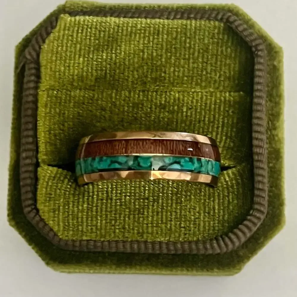 Rose Gold Tungsten Ring with Wood and Turquoise Inlay Wedding 8mm Band Size 12